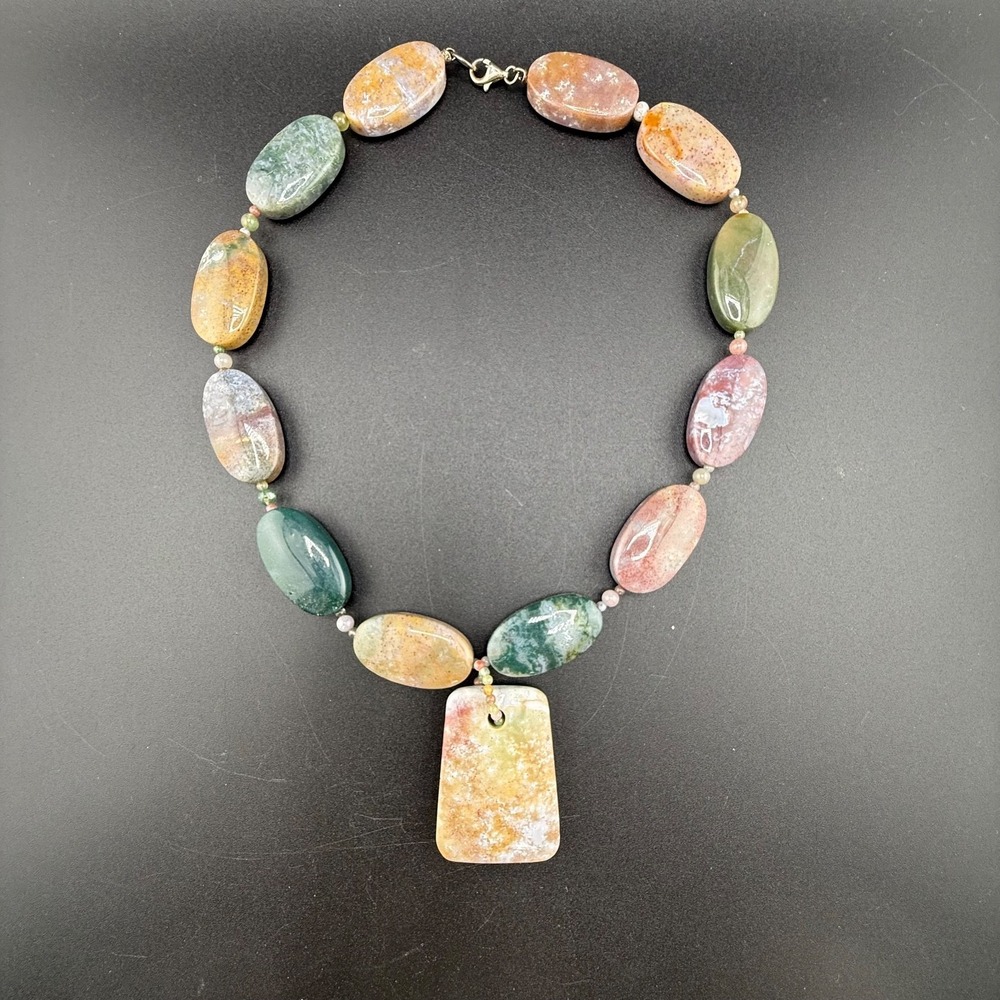 Vintage Estate Necklace Multi-color Stone Oval Bead Rectangle Pendant 925 18in